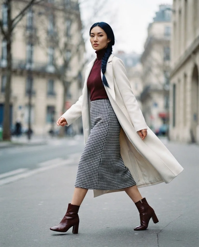 Old Money Outfits With Skirt: 20+ Elegant Outfit Ideas 19 Women Wearing a Burgundy Turtleneck and Houndstooth Midi Skirt