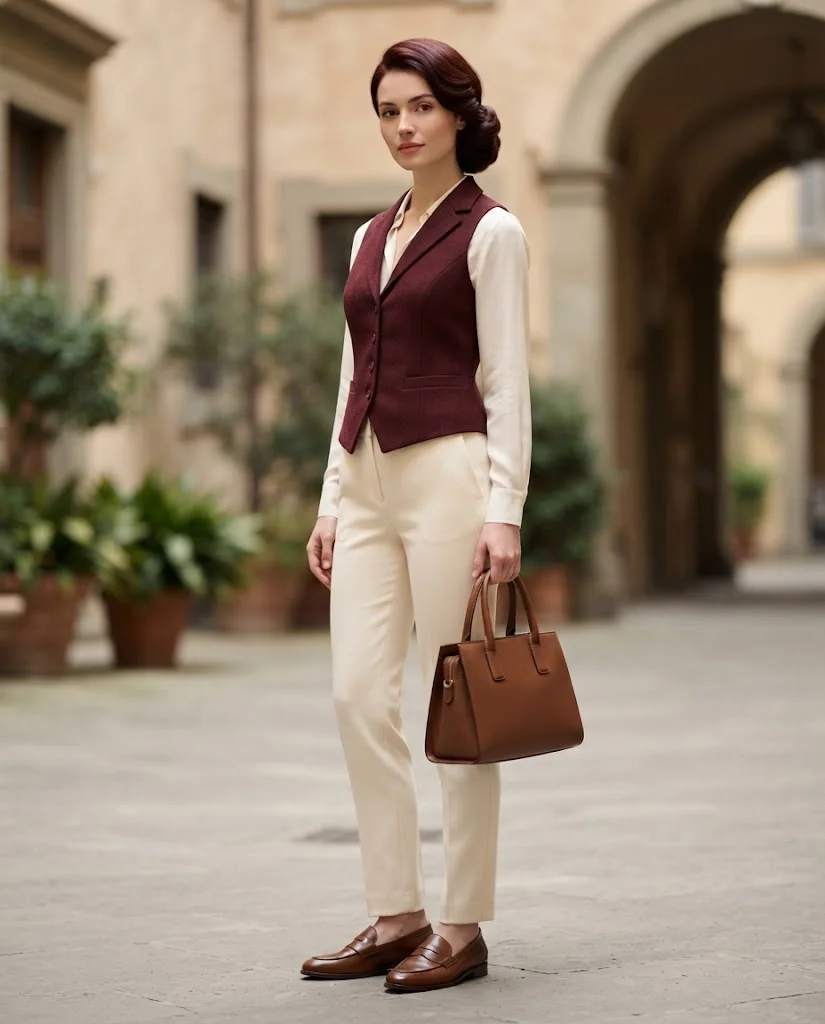 Women Wearing Burgundy Vest With Cream Trousers