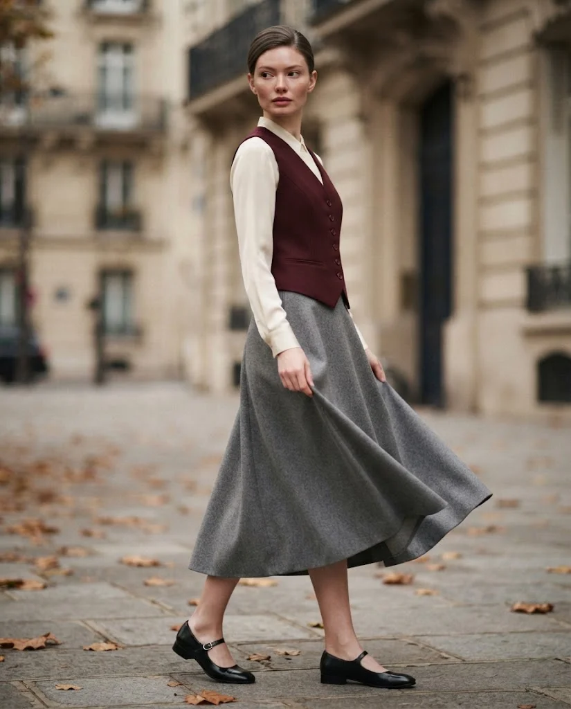 Women Wearing Burgundy Vest With Gray Midi Skirt
