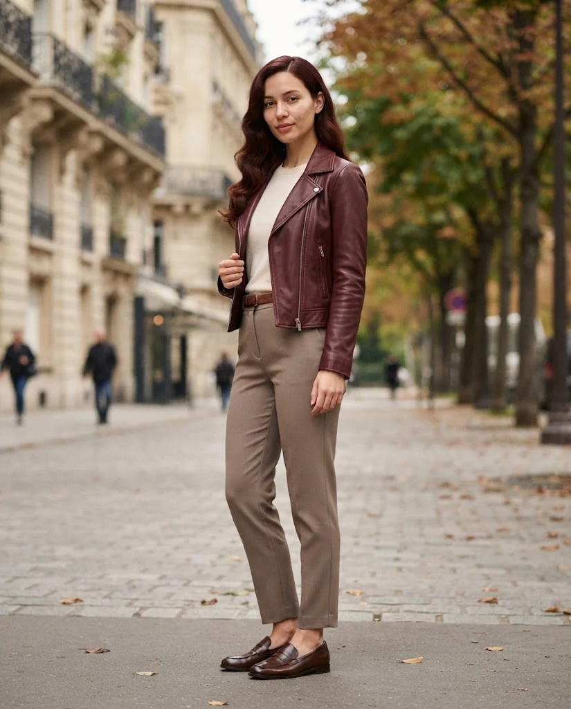 Women Wearing a Old Money Burgundy Color Leather Jacket 