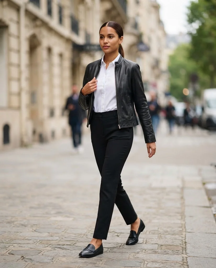 Women Wearing a Button-Down Shirts Under a Leather Jacket