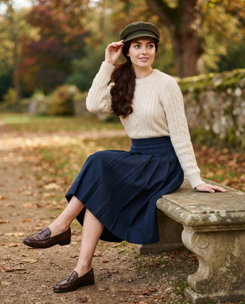 women wearing Cable-Knit Sweater With Midi Skirt