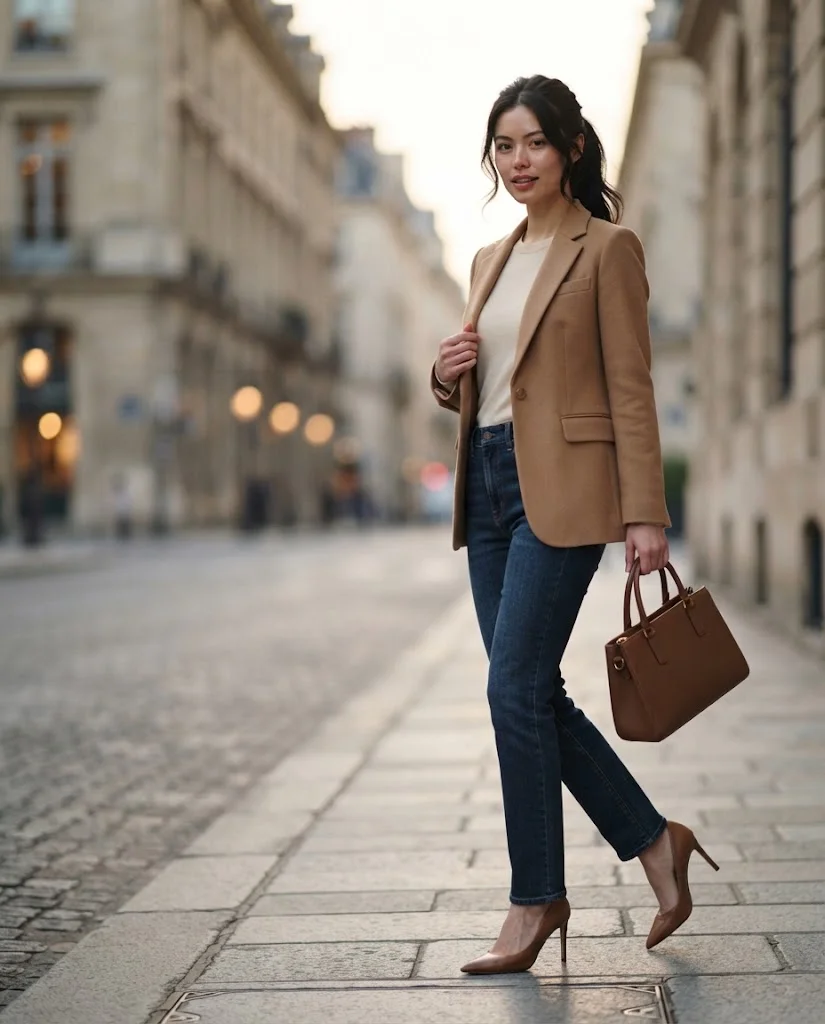 women wearing  Camel Blazer With Dark-Wash Jeans and Heels