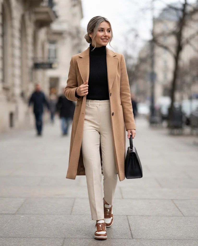 Old Money Outfits With Sneakers: 20+ Classy Outfit Ideas 17 Women Wearing a Camel Coat, Black Turtleneck, and Cream Pants