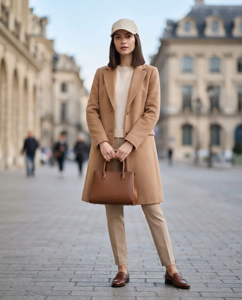 women wearing Camel Coat With Neutral Cap