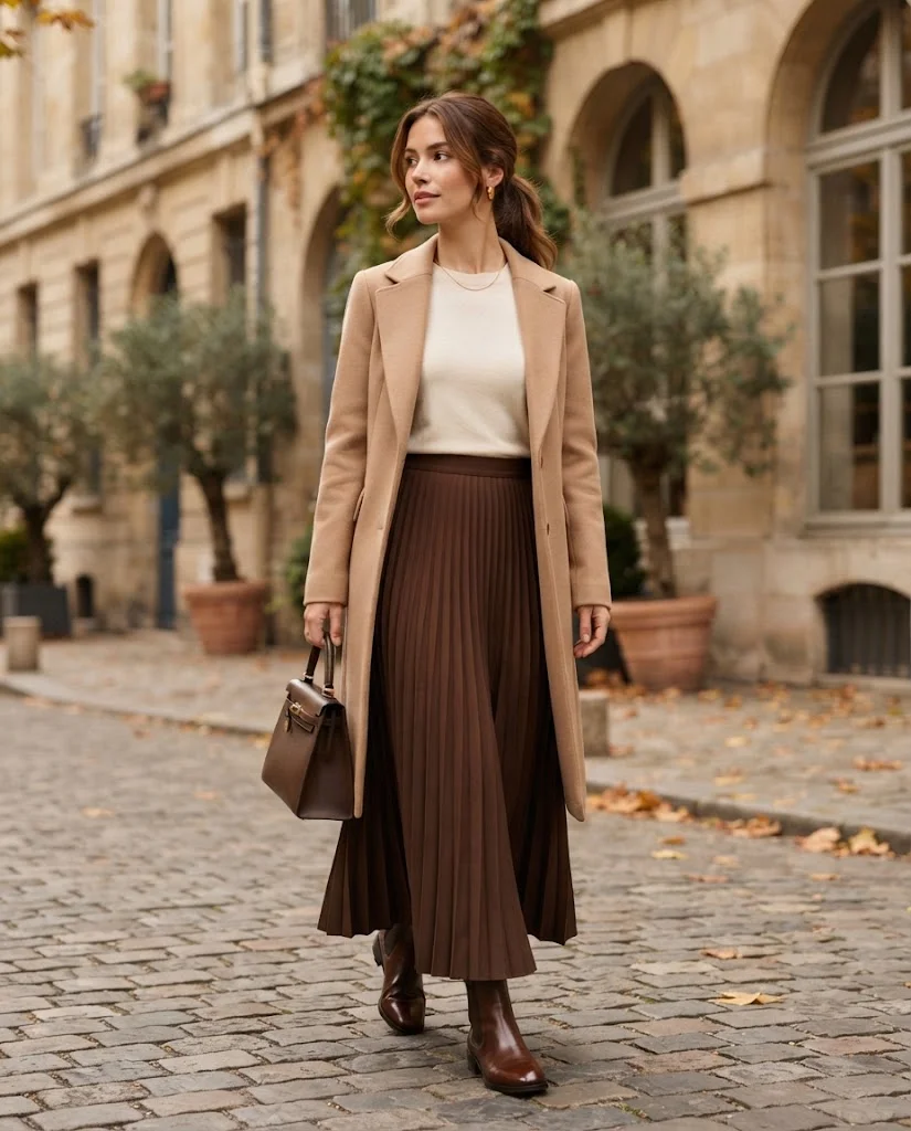 Old Money Outfits With Long Skirts: 20+ Elegant Ideas 15 woman wearing a Camel Coat With a Pleated Long Skirt