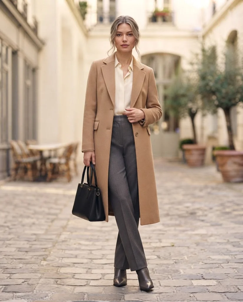 Women Wearing a Camel Coat and Gray Tailored Pants
