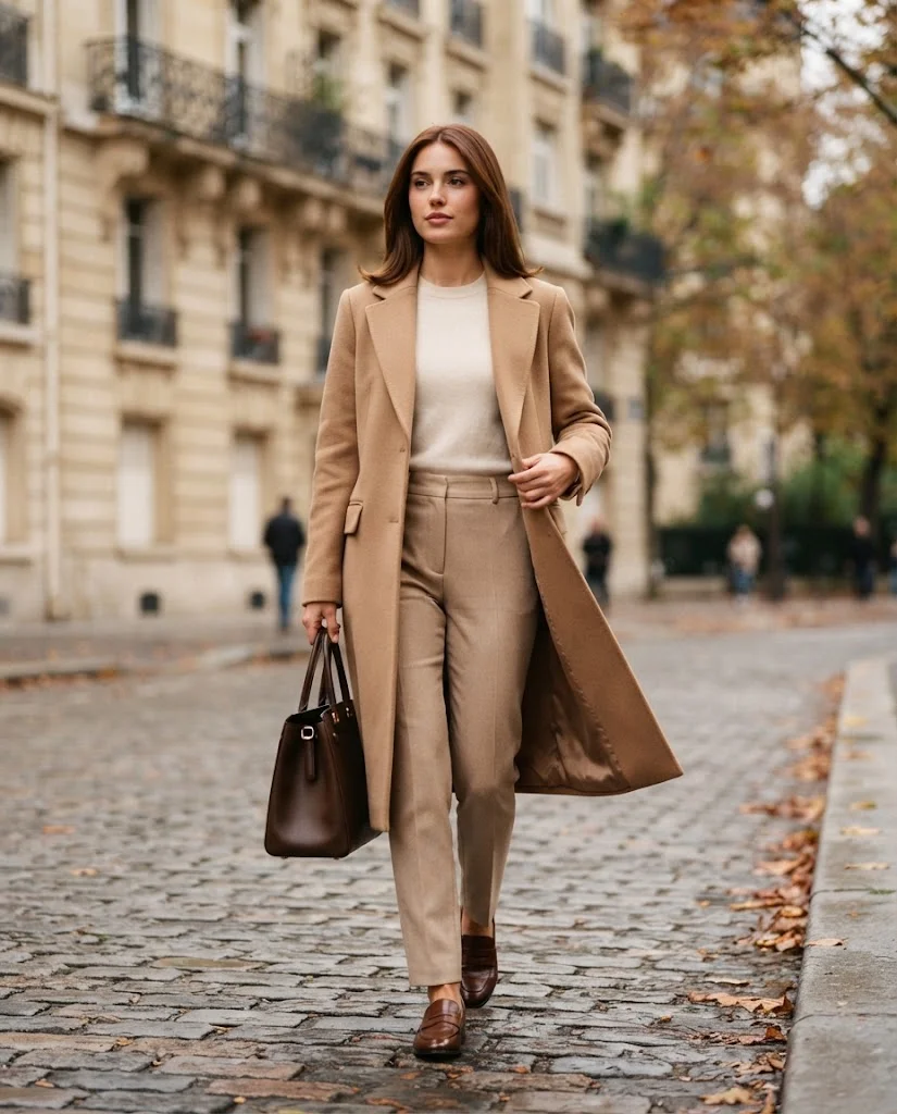 Women Wearing a Camel Coat and Tailored Trousers