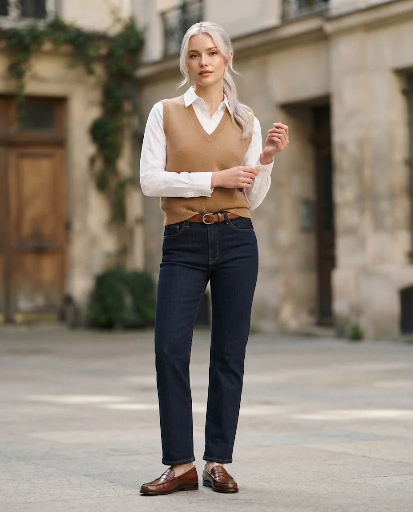 Women Wearing Camel Vest With Straight-Leg Jeans