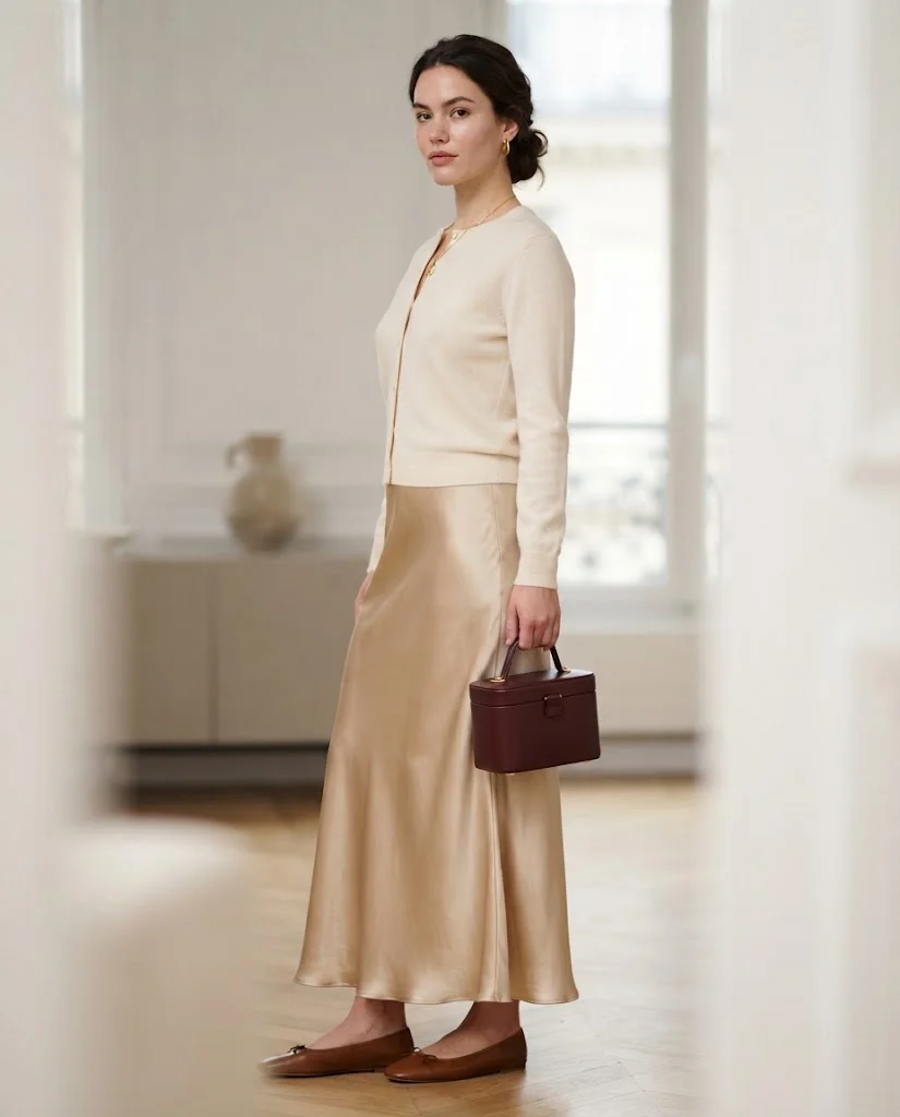 Old Money Outfits With Skirt: 20+ Elegant Outfit Ideas 25 Women Wearing a Cardigan and Satin Slip Skirt