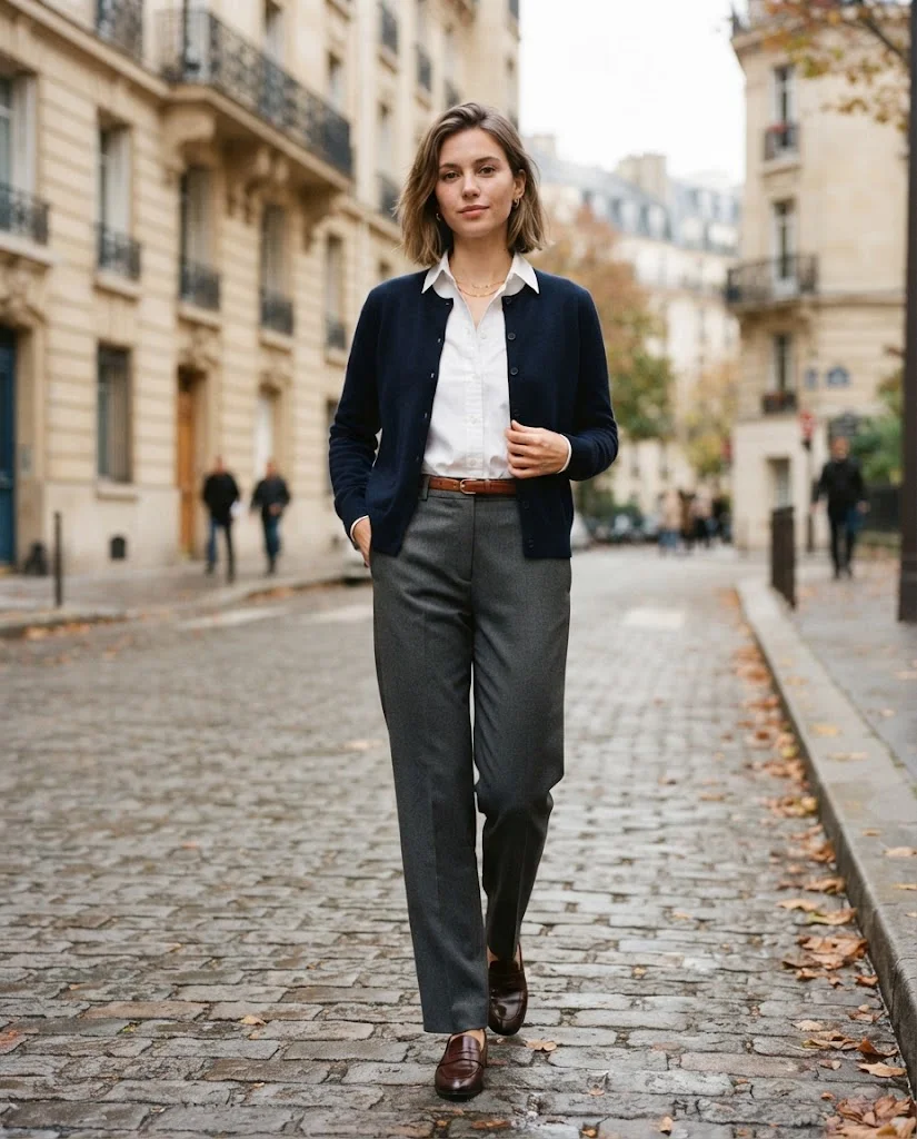 Women Wearing a Cardigan and Tailored Pants