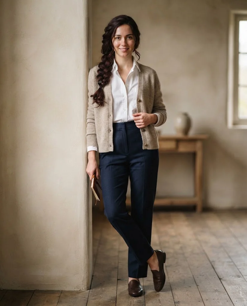 Women Wearing a Cardigans With Old Money Pants