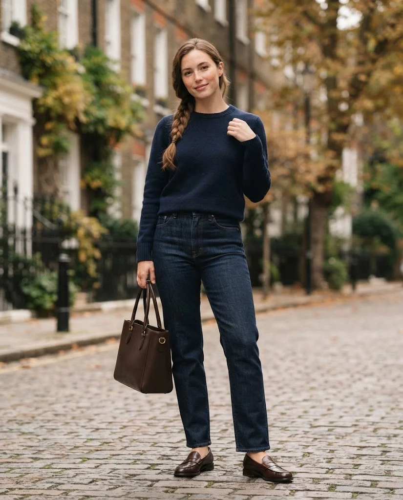 Women Wearing a Casual Sweater, Jeans, and Structured Bag