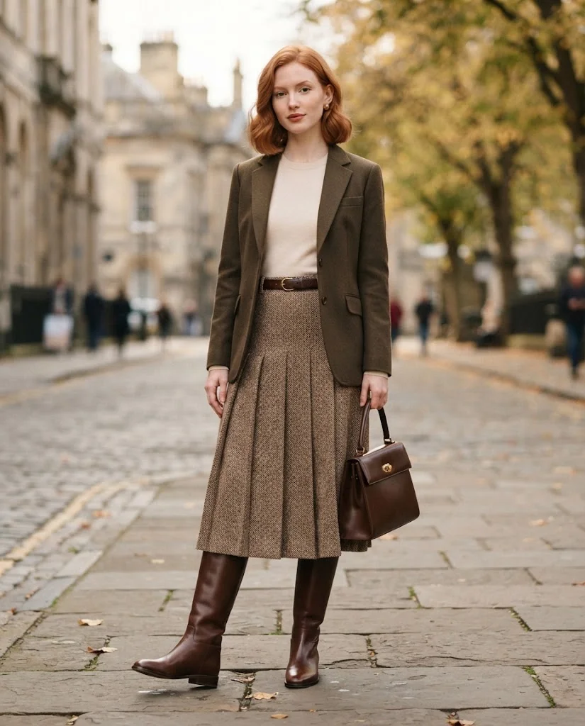 Women Wearing a Chocolate Boots With a Tweed Skirt