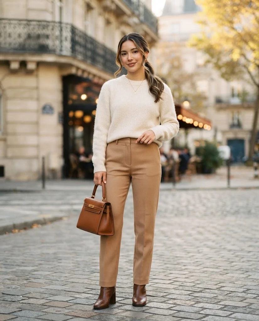 Women Wearing a Chocolate Brown Boots With Cream Knitwear