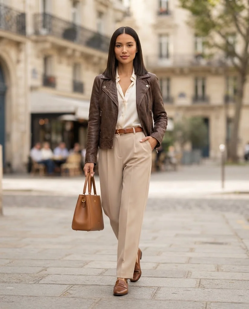 Women Wearing a Chocolate Leather Jacket With Beige Trousers