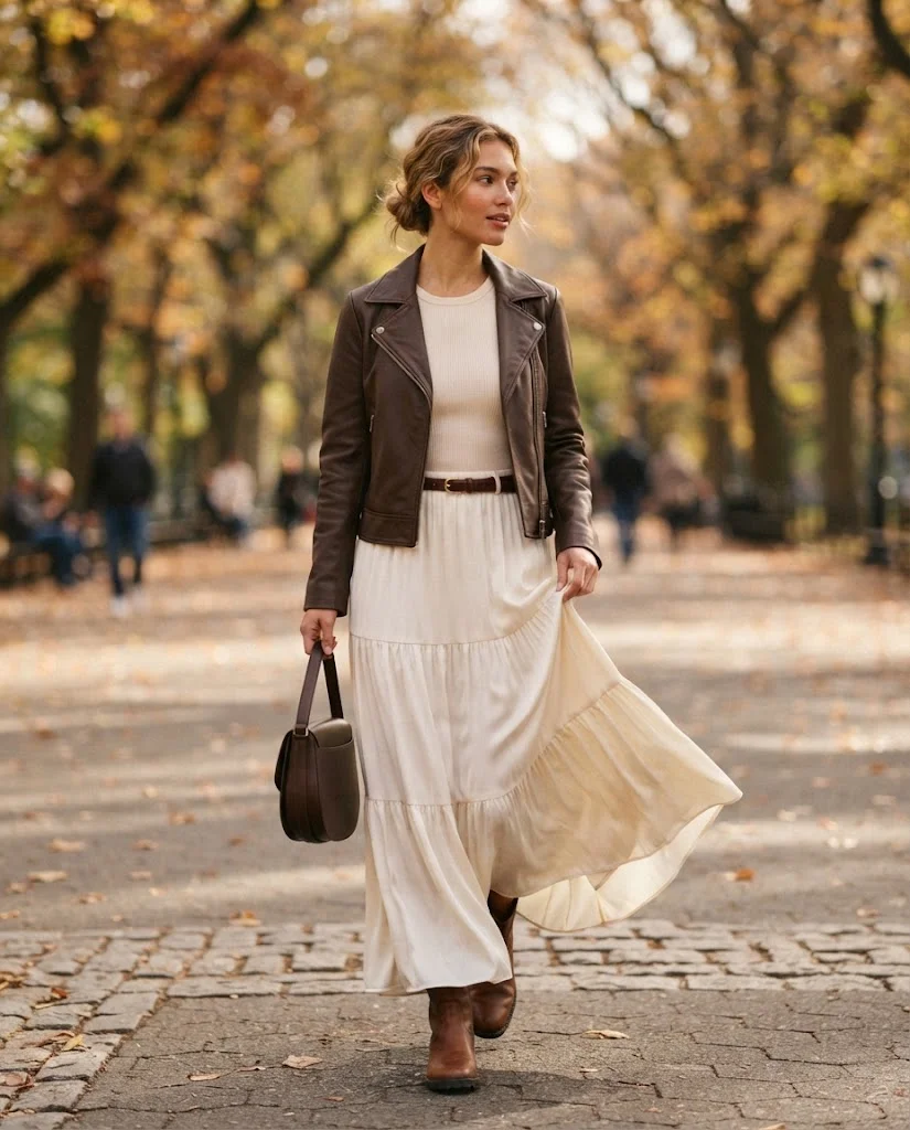 Women Wearing a Chocolate Leather Jacket With Ivory Maxi Skirt