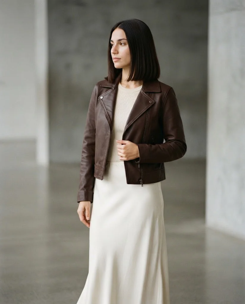 Women Wearing a Old Money Chocolate Color Leather Jacket 
