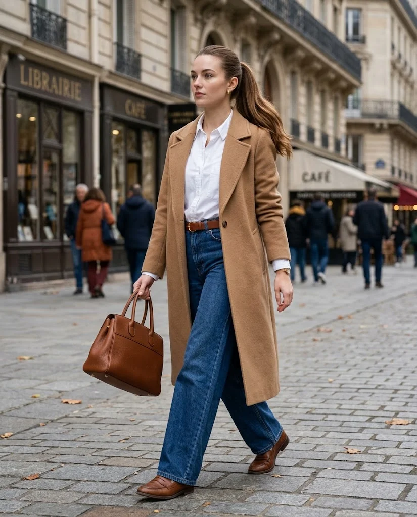 Old Money Outfits With Jeans: 20+ Polished Outfit Ideas 32 Women Wearing a Classic Coat, White Shirt, and Wide-Leg Jeans