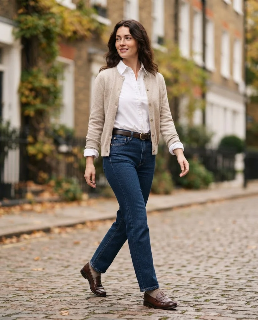 Women Wearing a Classic Shirt, Cardigan, and Jeans