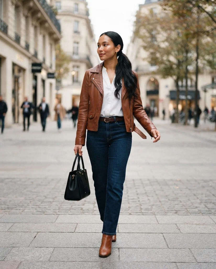 Women Wearing a Cognac Leather Jacket With White Blouse and Dark Jeans