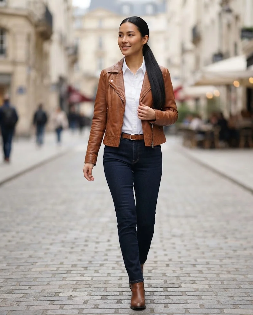 Women Wearing a Old Money Cognac Color Leather Jacket 