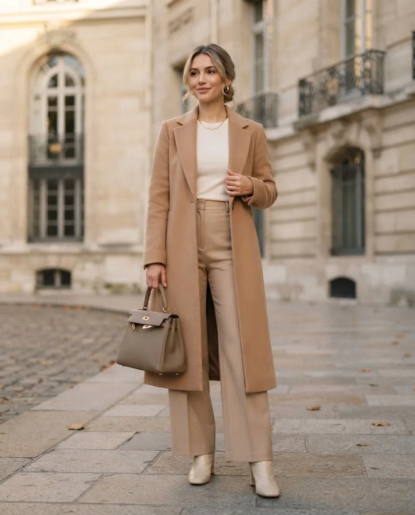 Women Wearing a Cream Ankle Boots With Neutral Tailoring