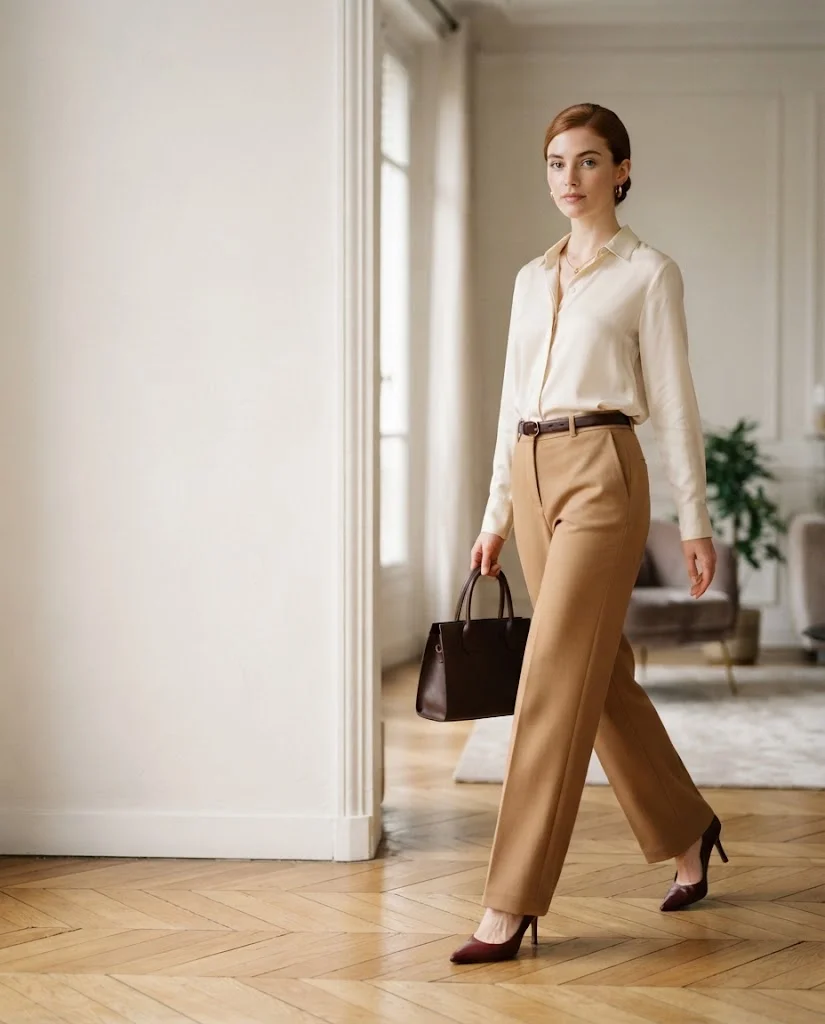 women wearing  Cream Blouse With Camel Wide-Leg Trousers