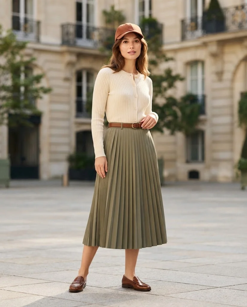 women wearing Cream Cardigan With Pleated Midi Skirt