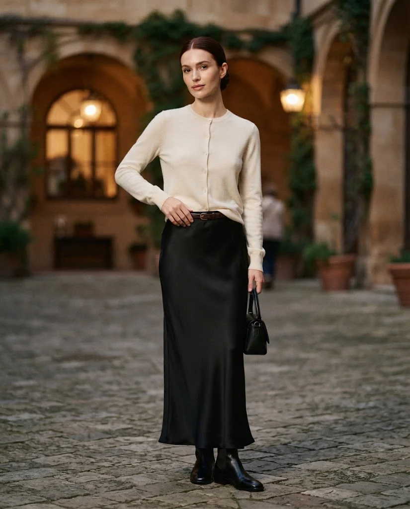Old Money Outfits With Long Skirts: 20+ Elegant Ideas 12 woman wearing a Cream Cardigan With a Black Satin Skirt