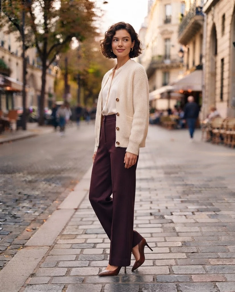 Women Wearing a Cream Cardigan and Plum Wide-Leg Pants