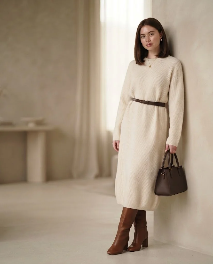  women wearing  Cream Knit Dress With Brown Heeled Boots