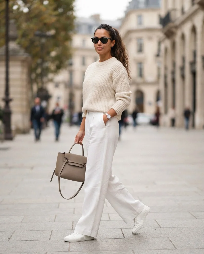 Old Money Outfits With Sneakers: 20+ Classy Outfit Ideas 11 Women Wearing a Cream Knit Sweater and White Wide-Leg Pants