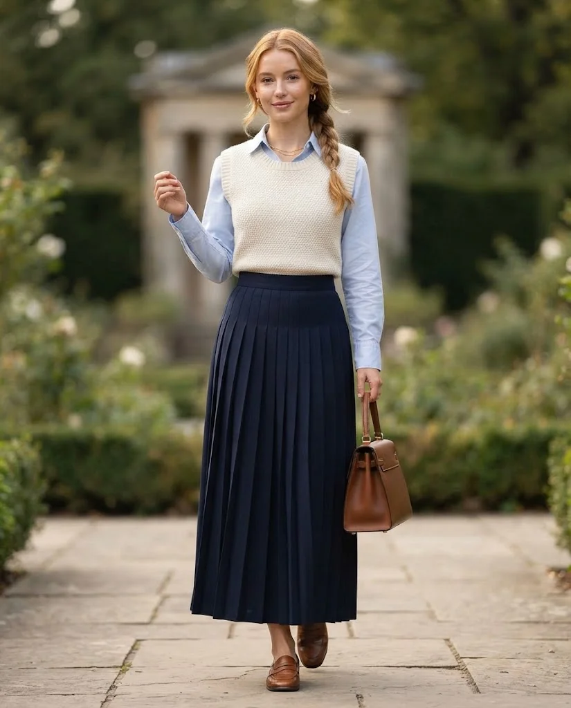 Women Wearing Cream Sweater Vest With Pleated Skirt