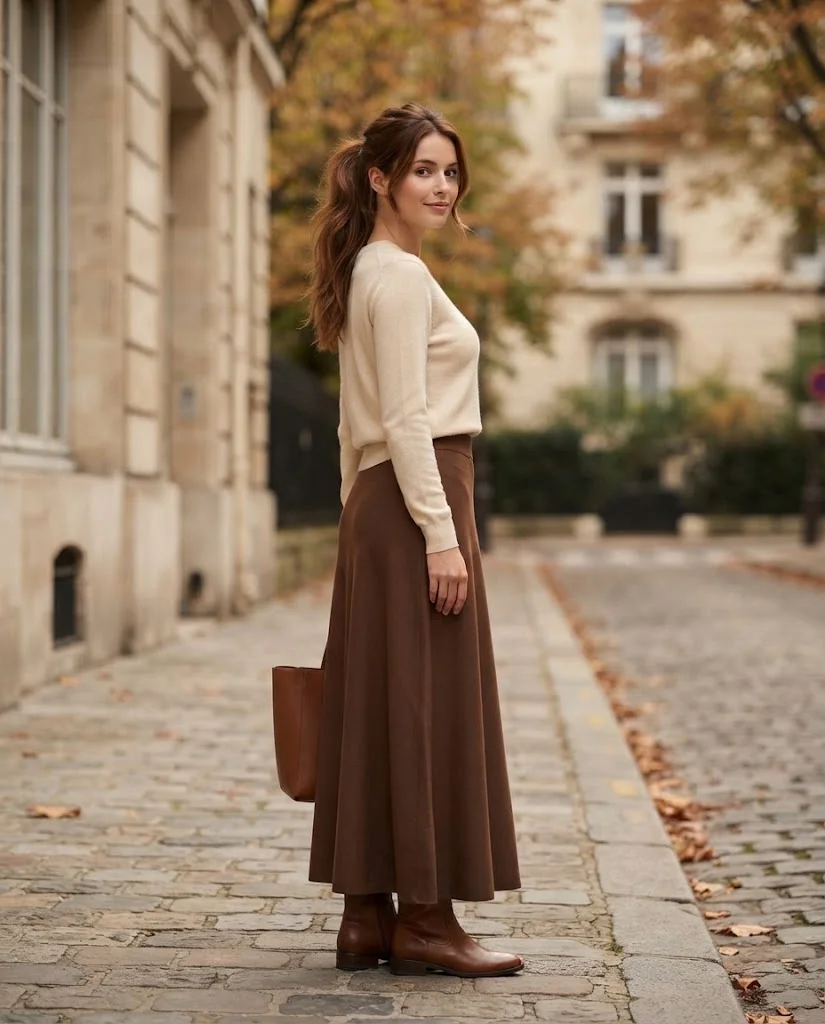 Old Money Outfits With Long Skirts: 20+ Elegant Ideas 3 woman wearing a Cream Sweater With a Brown Long Skirt