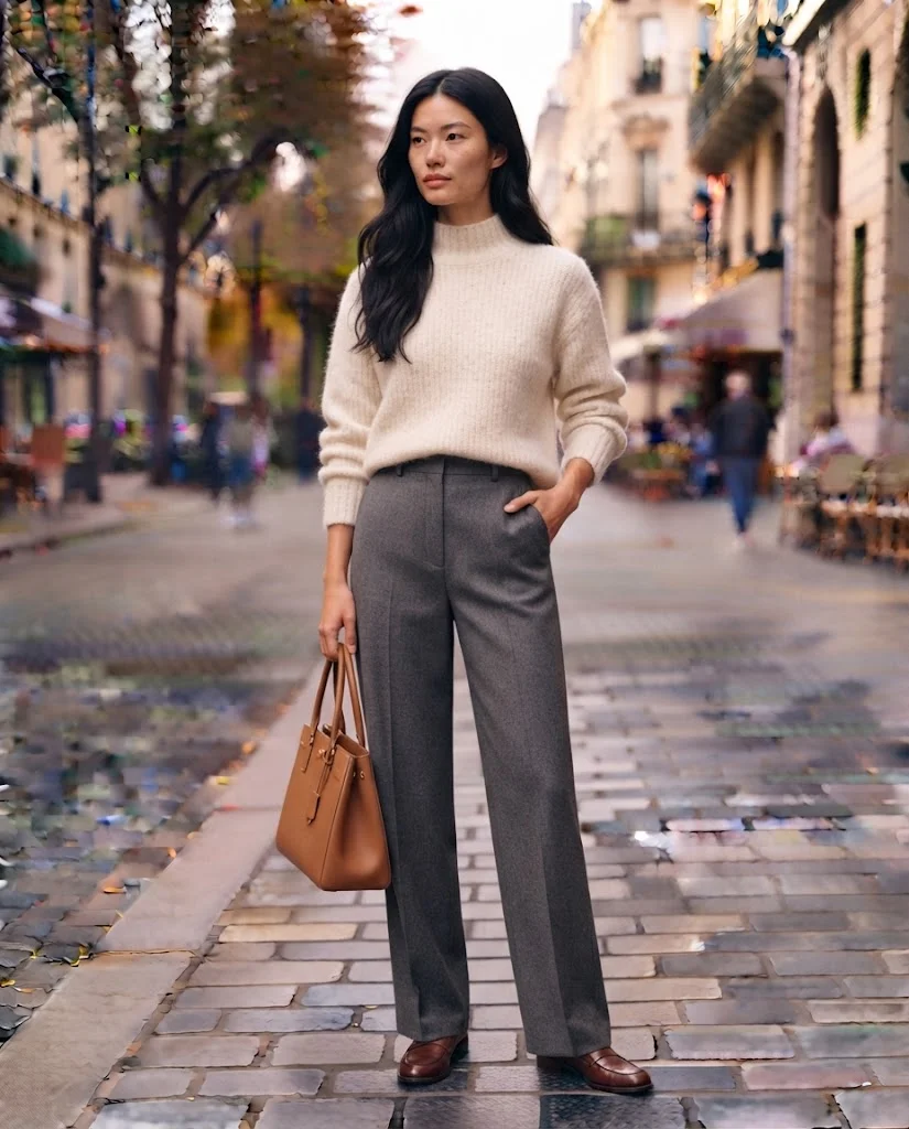 Women Wearing a Cream Sweater and Gray Wide-Leg Pants