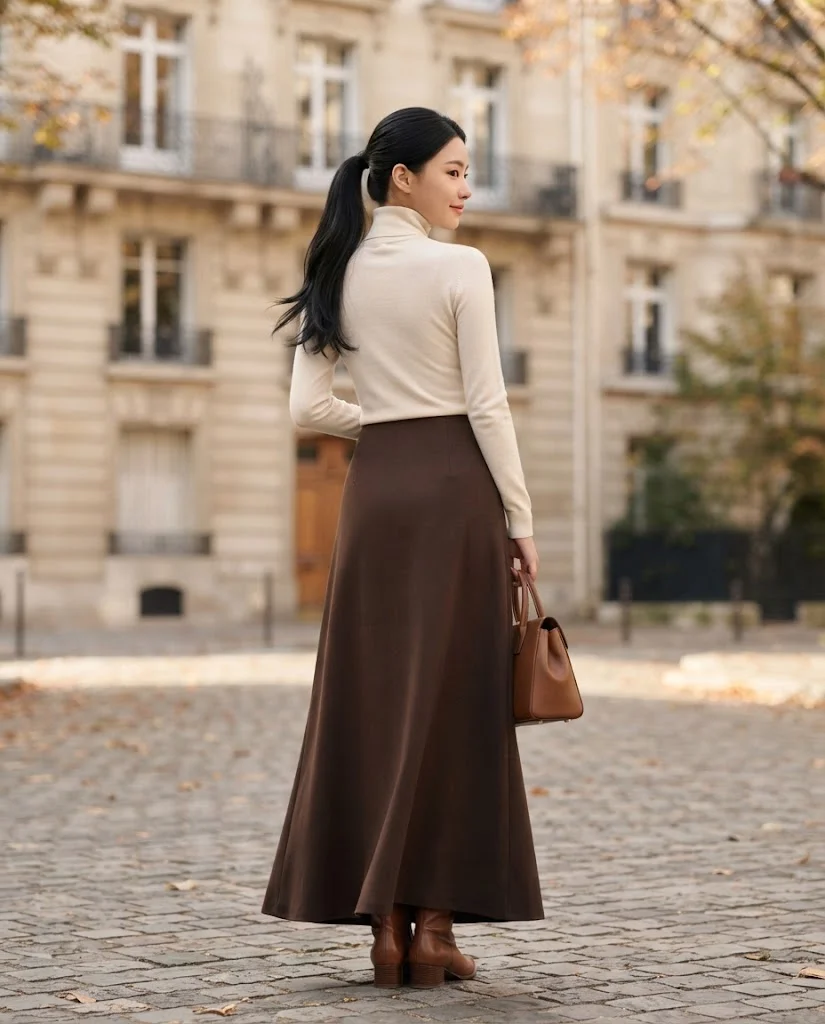 Old Money Outfits With Long Skirts: 20+ Elegant Ideas 21 woman wearing a Cream Turtleneck With a Dark Brown Maxi Skirt