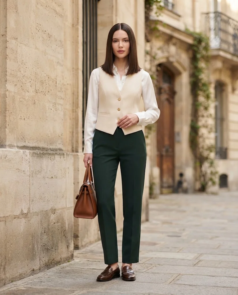 Women Wearing Cream Vest With Dark Green Trousers