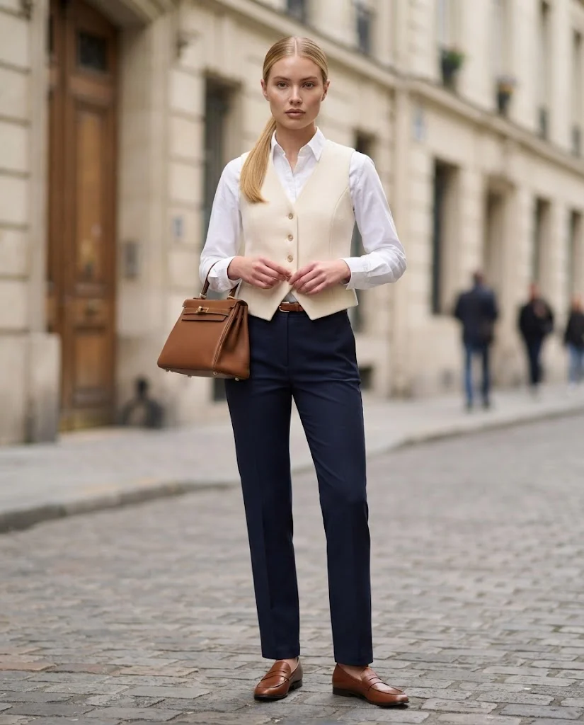 Women Wearing Cream Vest With Navy Trousers
