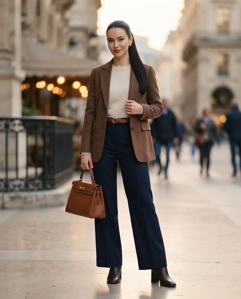 Women Wearing a Dark Brown Boots With Navy Wide-Leg Pants
