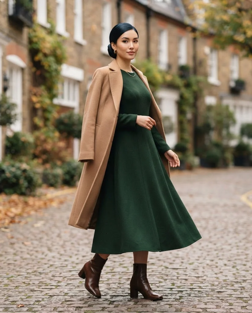 Women Wearing a Elegant Midi Dress and Boots