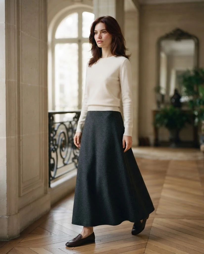 Old Money Outfits With Long Skirts: 20+ Elegant Ideas 29 woman wearing a Fine-Knit Sweaters With a Long Skirt