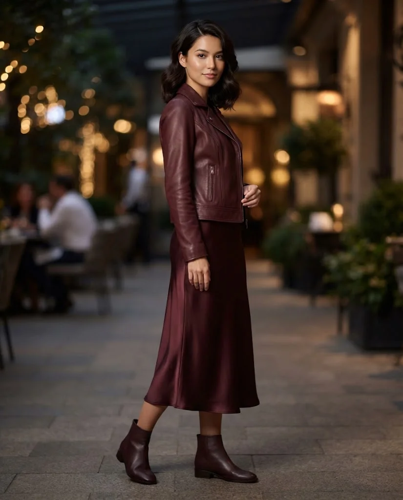 Women Wearing a Leather Jacket Outfits For Dinner
