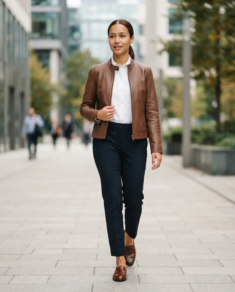 Women Wearing a Leather Jacket Outfits For Work