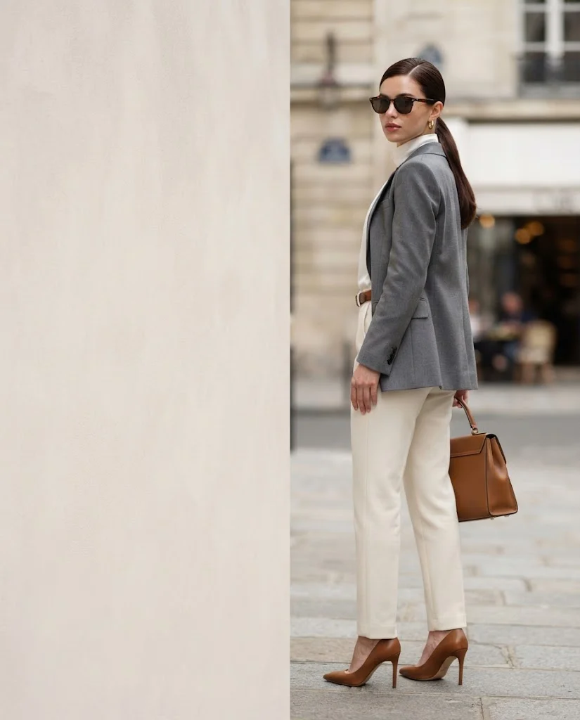 women wearing  Gray Blazer With Cream Trousers