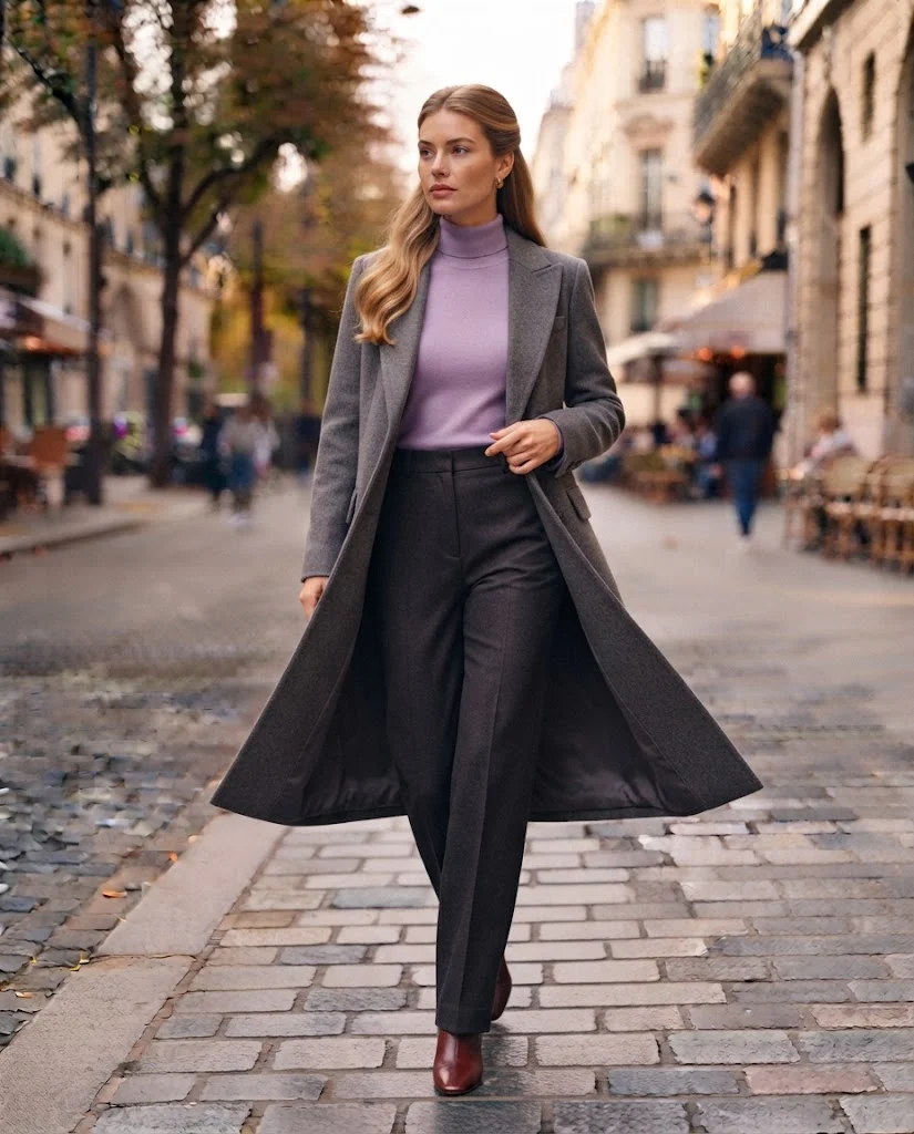Women Wearing a Gray Coat and Tailored Trousers