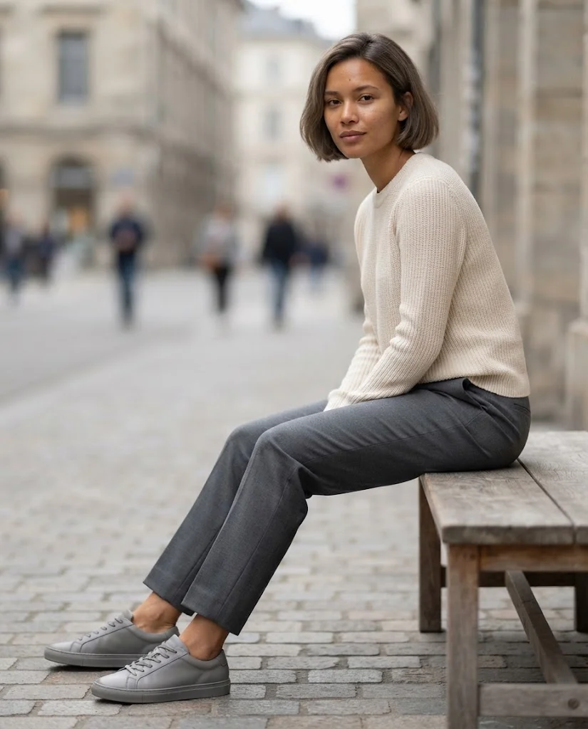 Old Money Outfits With Sneakers: 20+ Classy Outfit Ideas 37 Women Wearing a Gray Sneakers With Neutral Outfits