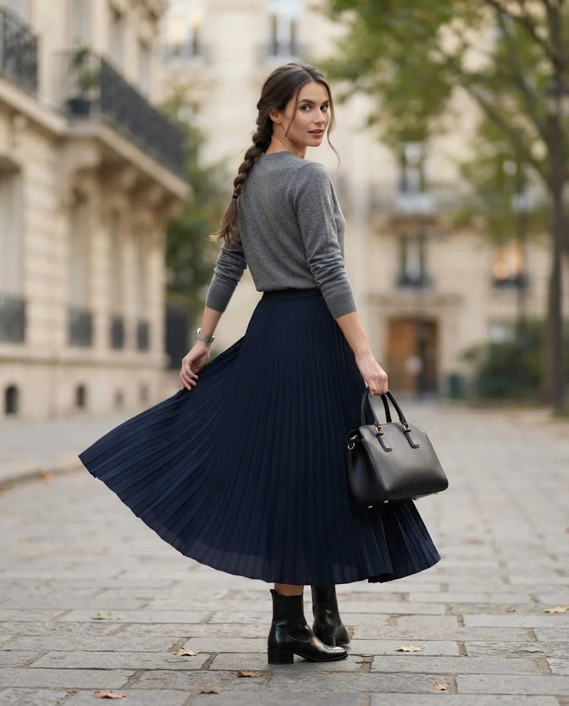 Old Money Outfits With Long Skirts: 20+ Elegant Ideas 17 woman wearing a Gray Sweater With a Navy Long Skirt