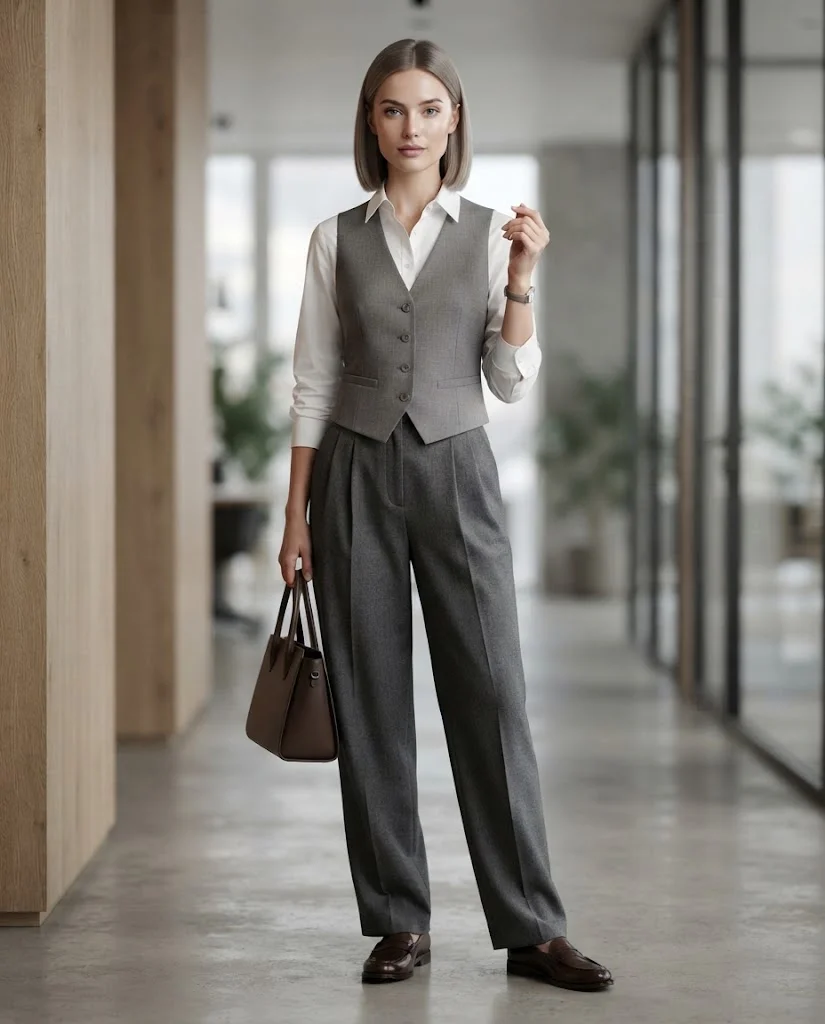 Women Wearing Gray Vest With White Shirt and Pleated Pants