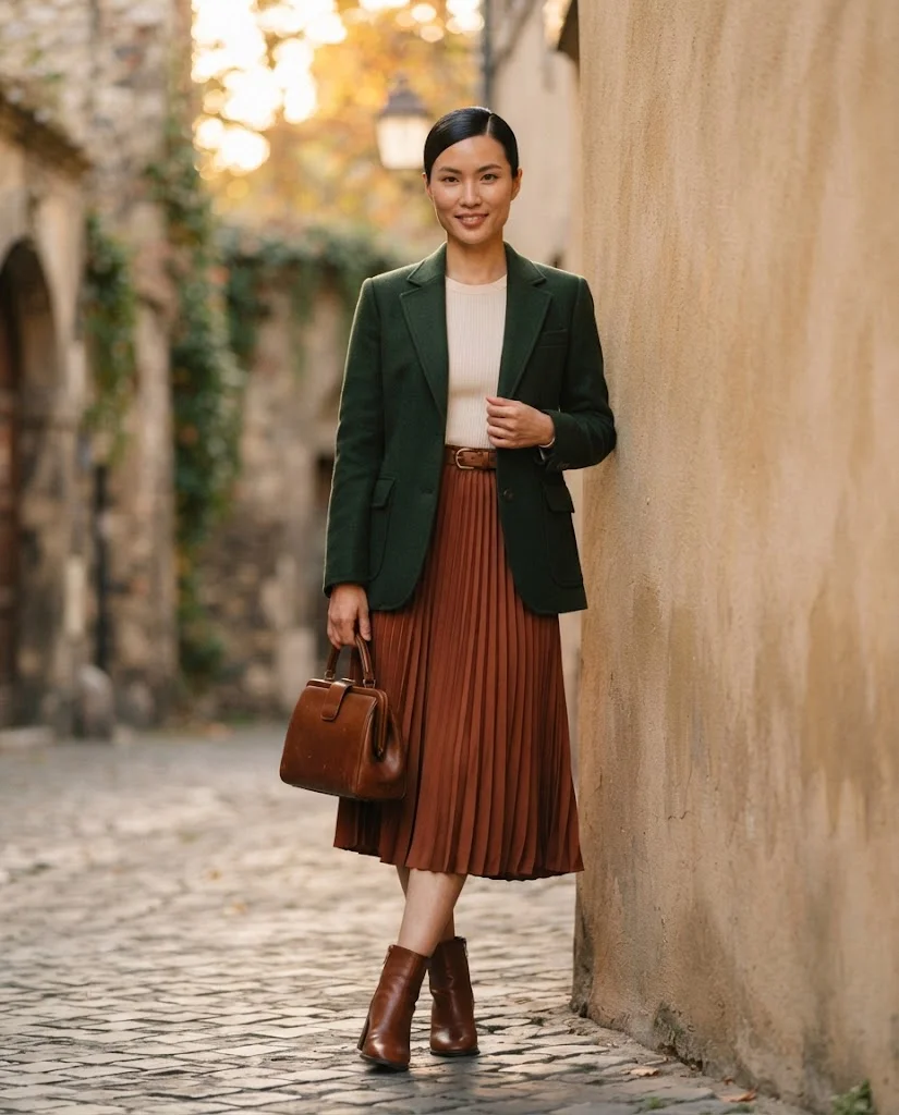 Old Money Outfits With Skirt: 20+ Elegant Outfit Ideas 15 Women Wearing a Green Blazer and Rust Midi Skirt